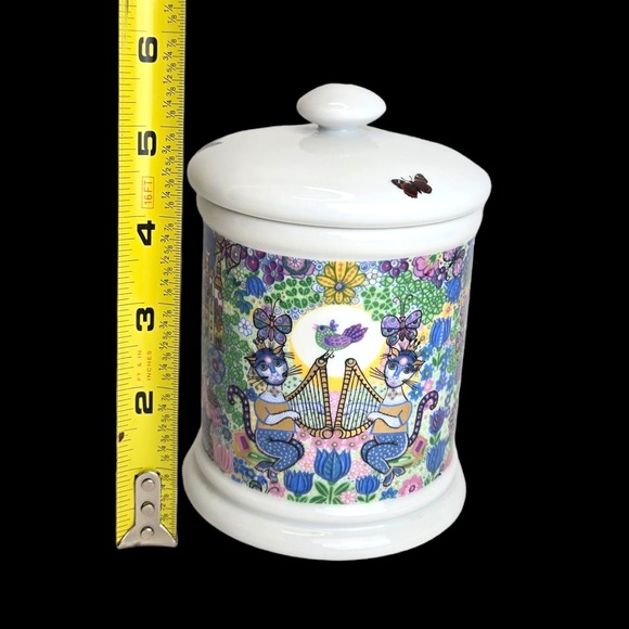 Jorinde Binder lidded Stash Jar Fantasy Couple Cats Birds West Germany Vtg 60s - Picture 10 of 11